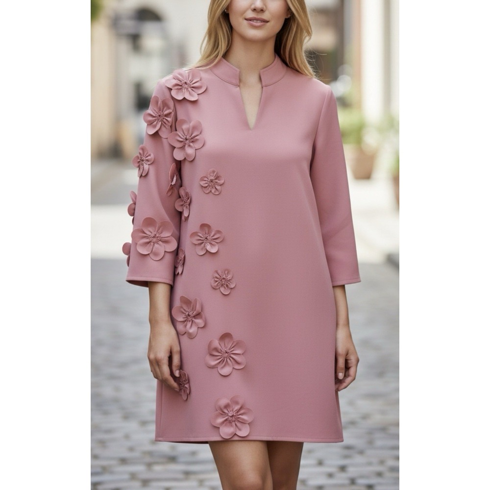 NWT Caryn Lawn Audrey Pink 3D Flower Neoprene Dress Shift Caftan Coquette OS